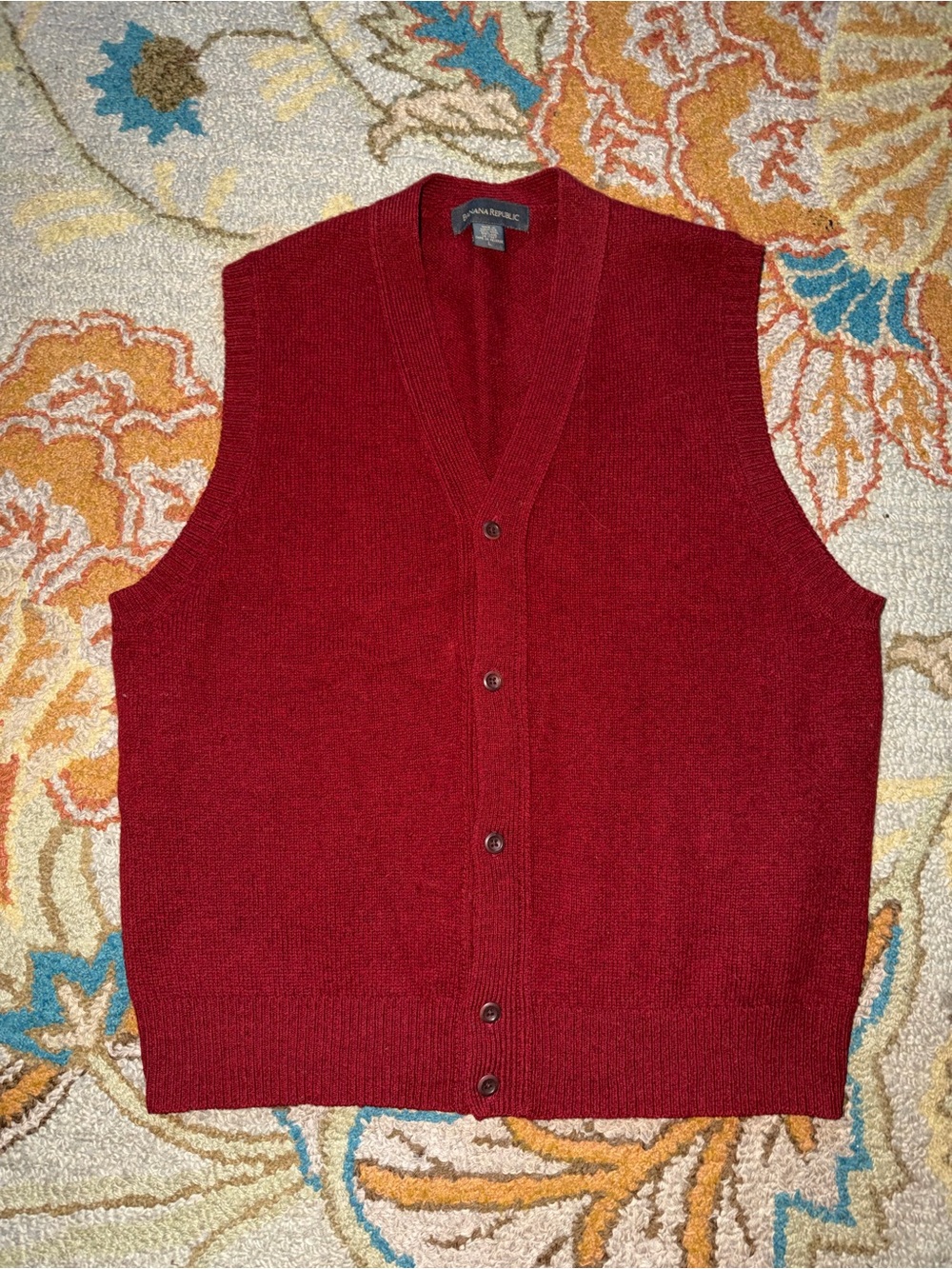 Vintage Banana Republic Burgundy Wool Sweater Vest Knit Button Up V-Neck Size L
